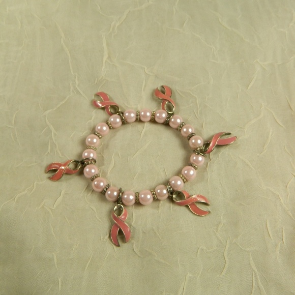 Pink Pearl Bead Bracelet w/ Breast Cancer Awareness Ribbon Charms Gold Tone Stre - Picture 5 of 5